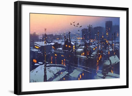 Painting of City Snowy Winter Scene,Rooftops Covered with Snow at Sunset-Tithi Luadthong-Framed Art Print