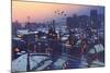 Painting of City Snowy Winter Scene,Rooftops Covered with Snow at Sunset-Tithi Luadthong-Mounted Art Print