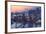 Painting of City Snowy Winter Scene,Rooftops Covered with Snow at Sunset-Tithi Luadthong-Framed Art Print
