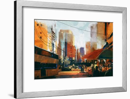 Painting of City Street in the Morning,Illustration-Tithi Luadthong-Framed Art Print