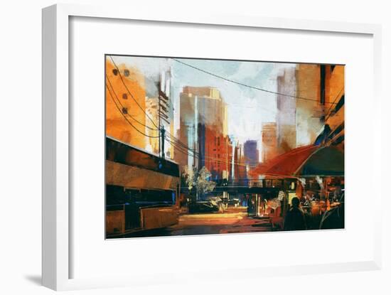 Painting of City Street in the Morning,Illustration-Tithi Luadthong-Framed Art Print