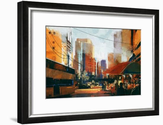 Painting of City Street in the Morning,Illustration-Tithi Luadthong-Framed Art Print