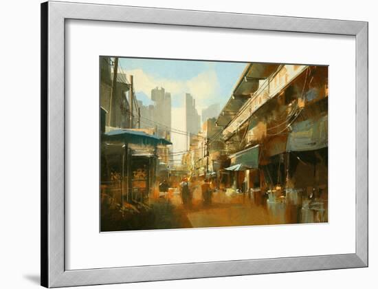 Painting of Colorful Street Market,Illustration-Tithi Luadthong-Framed Art Print