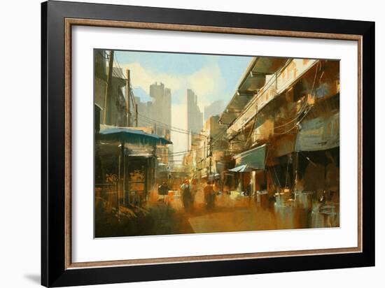 Painting of Colorful Street Market,Illustration-Tithi Luadthong-Framed Art Print