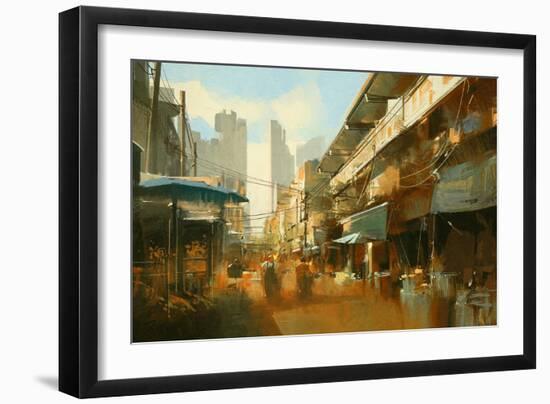 Painting of Colorful Street Market,Illustration-Tithi Luadthong-Framed Art Print