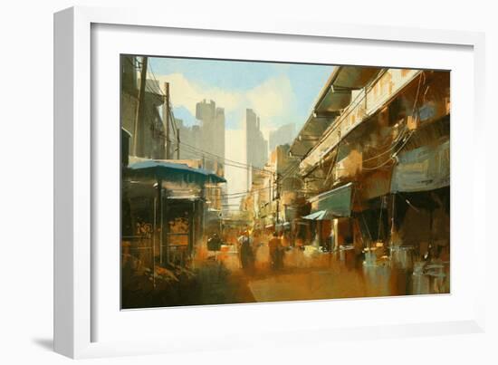 Painting of Colorful Street Market,Illustration-Tithi Luadthong-Framed Art Print