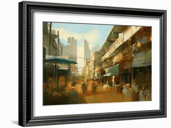 Painting of Colorful Street Market,Illustration-Tithi Luadthong-Framed Art Print