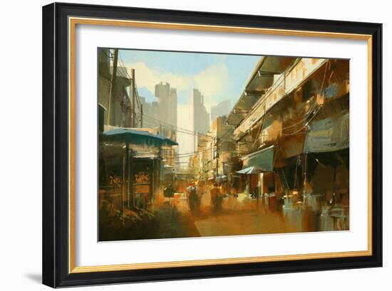 Painting of Colorful Street Market,Illustration-Tithi Luadthong-Framed Art Print