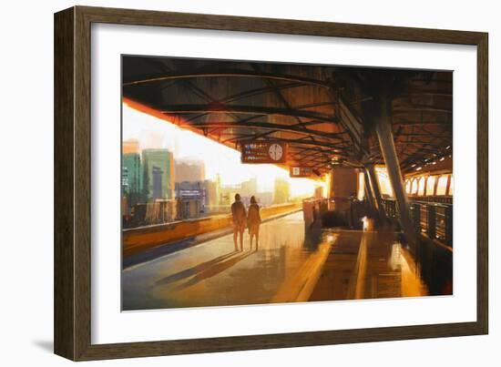 Painting of Couple Waiting a Train on the Station,Illustration-Tithi Luadthong-Framed Art Print