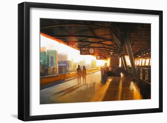 Painting of Couple Waiting a Train on the Station,Illustration-Tithi Luadthong-Framed Art Print