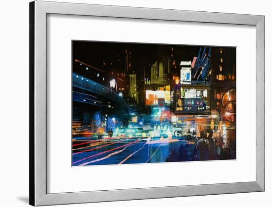 Painting of Modern Urban City at Night,Illustration-Tithi Luadthong-Framed Art Print