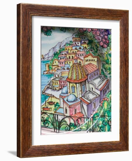 Painting of Positano on Ceramic Plate, Positano, Amalfi Coast, Campania, Italy-Walter Bibikow-Framed Photographic Print