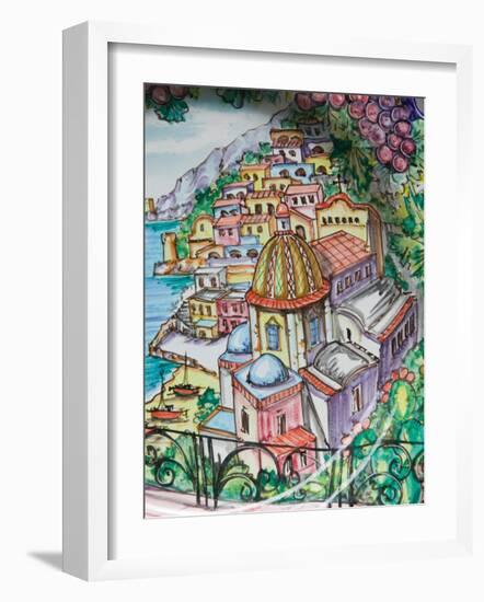 Painting of Positano on Ceramic Plate, Positano, Amalfi Coast, Campania, Italy-Walter Bibikow-Framed Photographic Print