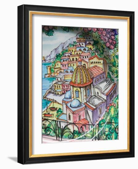 Painting of Positano on Ceramic Plate, Positano, Amalfi Coast, Campania, Italy-Walter Bibikow-Framed Photographic Print