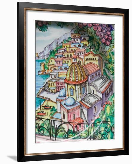 Painting of Positano on Ceramic Plate, Positano, Amalfi Coast, Campania, Italy-Walter Bibikow-Framed Photographic Print