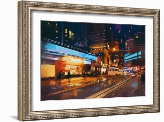 Painting of Street in Modern Urban City at Night,Illustration-Tithi Luadthong-Framed Art Print