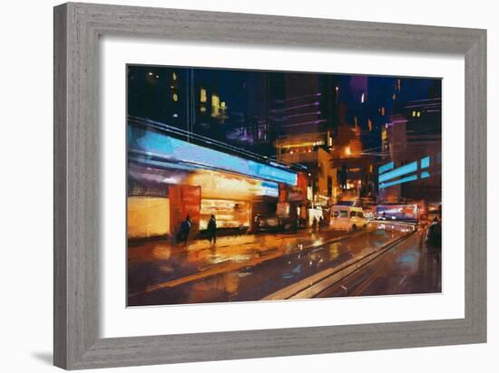 Painting of Street in Modern Urban City at Night,Illustration-Tithi Luadthong-Framed Art Print