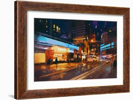 Painting of Street in Modern Urban City at Night,Illustration-Tithi Luadthong-Framed Art Print