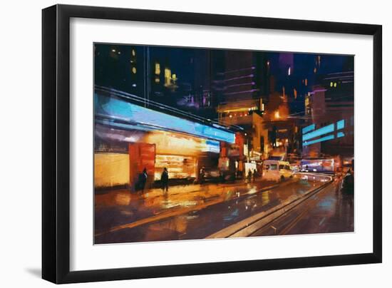 Painting of Street in Modern Urban City at Night,Illustration-Tithi Luadthong-Framed Art Print