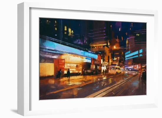 Painting of Street in Modern Urban City at Night,Illustration-Tithi Luadthong-Framed Art Print