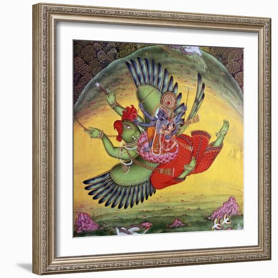 Painting of Vishnu and his consort Lakshmi riding on the bird-god Garuda. Artist: Unknown-Unknown-Framed Giclee Print