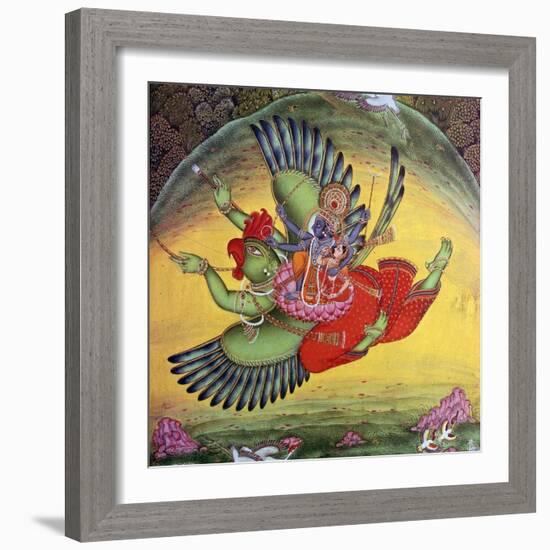 Painting of Vishnu and his consort Lakshmi riding on the bird-god Garuda. Artist: Unknown-Unknown-Framed Giclee Print