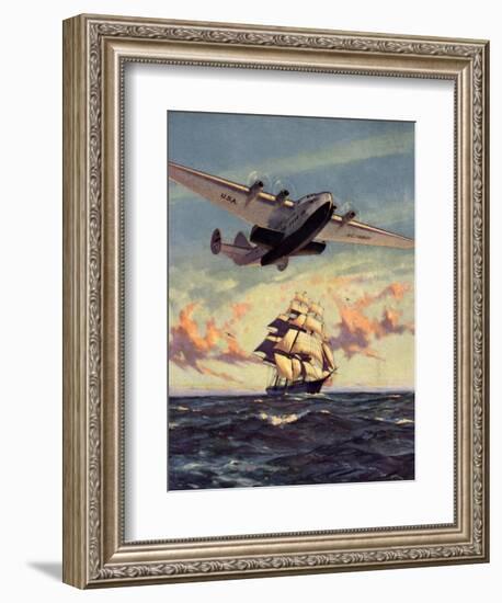 Painting og a Plane Flying near a Ship-null-Framed Art Print