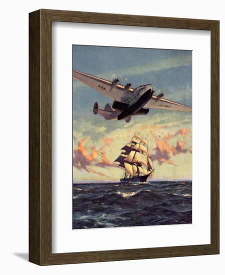 Painting og a Plane Flying near a Ship-null-Framed Art Print