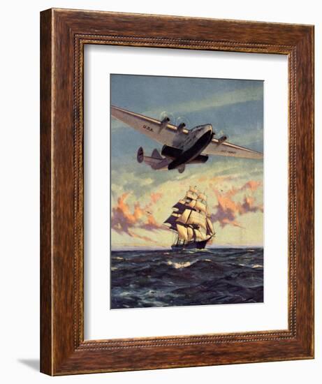 Painting og a Plane Flying near a Ship-null-Framed Art Print