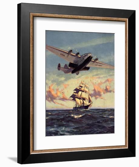 Painting og a Plane Flying near a Ship-null-Framed Art Print