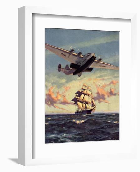 Painting og a Plane Flying near a Ship-null-Framed Art Print