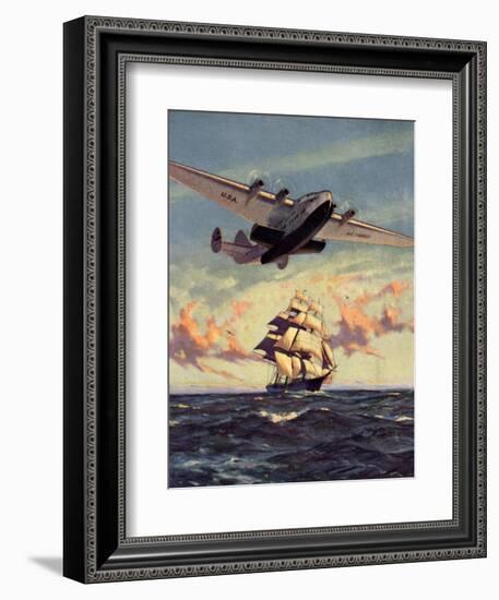 Painting og a Plane Flying near a Ship-null-Framed Art Print