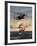 Painting og a Plane Flying near a Ship-null-Framed Art Print