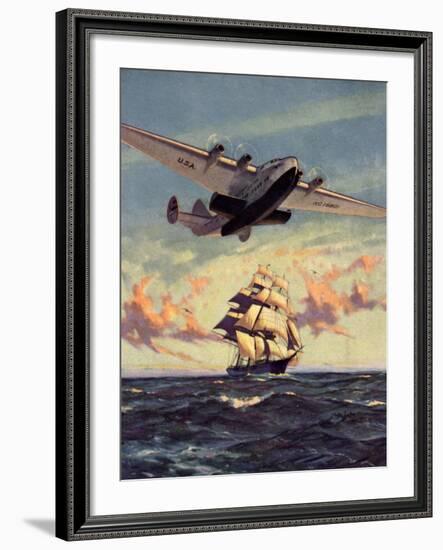 Painting og a Plane Flying near a Ship-null-Framed Art Print