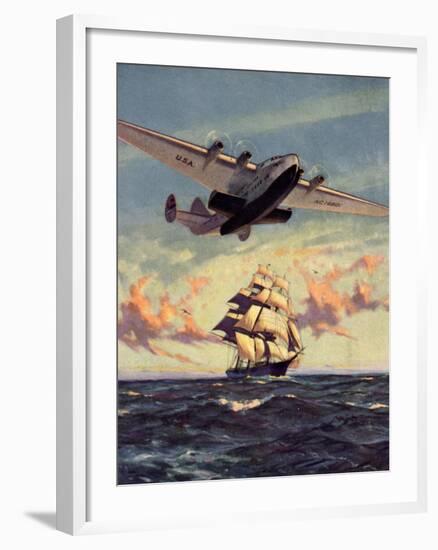 Painting og a Plane Flying near a Ship--Framed Art Print