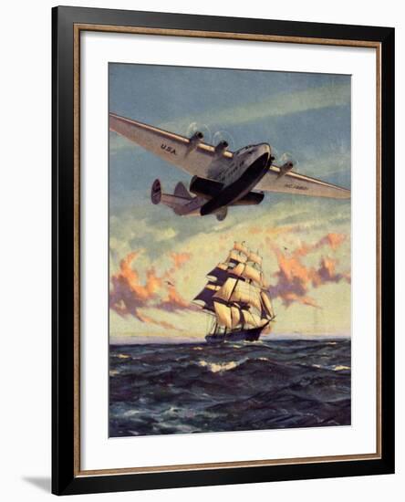 Painting og a Plane Flying near a Ship-null-Framed Art Print