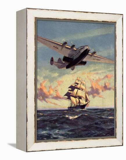 Painting og a Plane Flying near a Ship-null-Framed Stretched Canvas