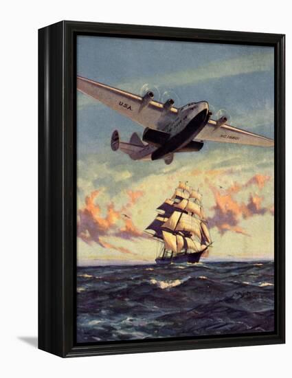 Painting og a Plane Flying near a Ship-null-Framed Stretched Canvas