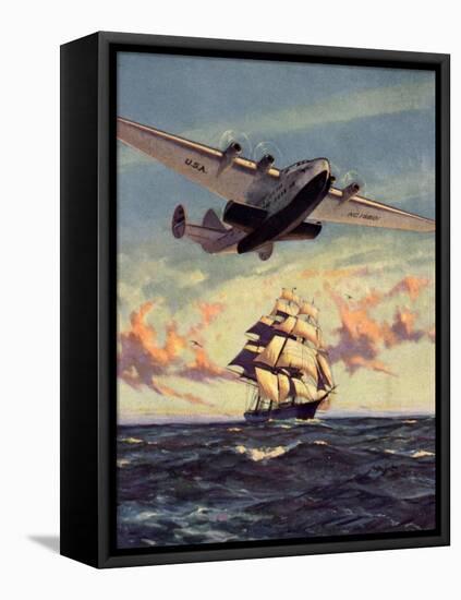 Painting og a Plane Flying near a Ship-null-Framed Stretched Canvas