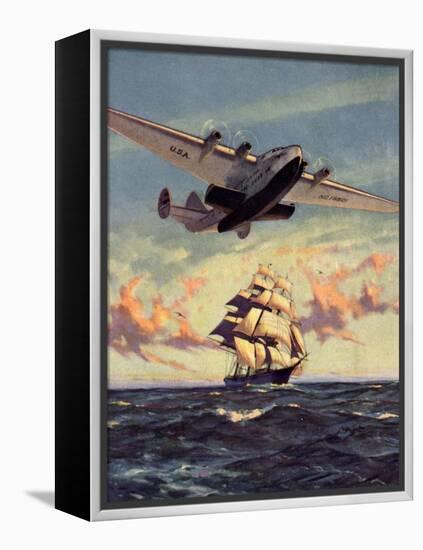 Painting og a Plane Flying near a Ship-null-Framed Stretched Canvas