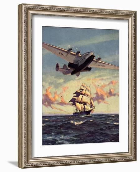 Painting og a Plane Flying near a Ship-null-Framed Art Print