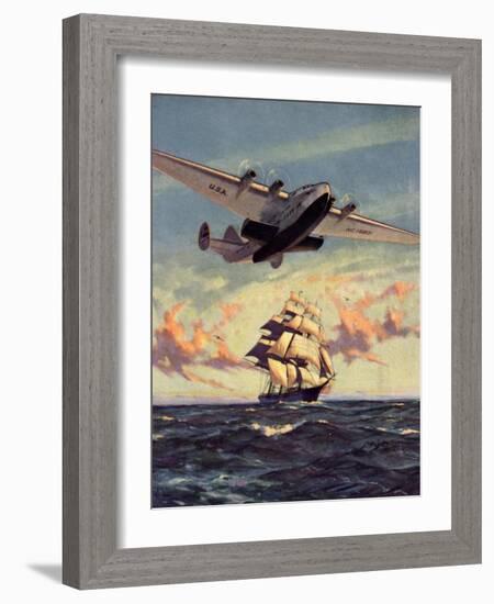 Painting og a Plane Flying near a Ship-null-Framed Art Print