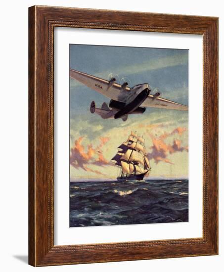 Painting og a Plane Flying near a Ship-null-Framed Art Print