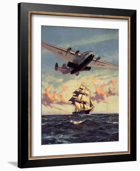 Painting og a Plane Flying near a Ship-null-Framed Art Print