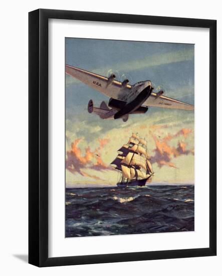 Painting og a Plane Flying near a Ship-null-Framed Art Print