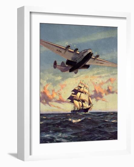 Painting og a Plane Flying near a Ship-null-Framed Art Print