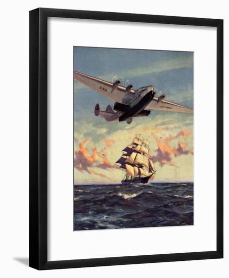 Painting og a Plane Flying near a Ship-null-Framed Art Print