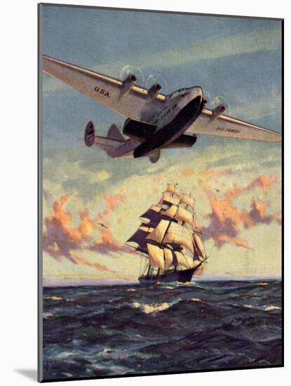 Painting og a Plane Flying near a Ship-null-Mounted Art Print