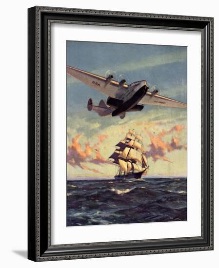 Painting og a Plane Flying near a Ship-null-Framed Art Print