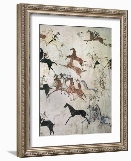 Painting on hide depicting a horse-stealing raid, Native American, Plains Indian, c1880-Werner Forman-Framed Photographic Print